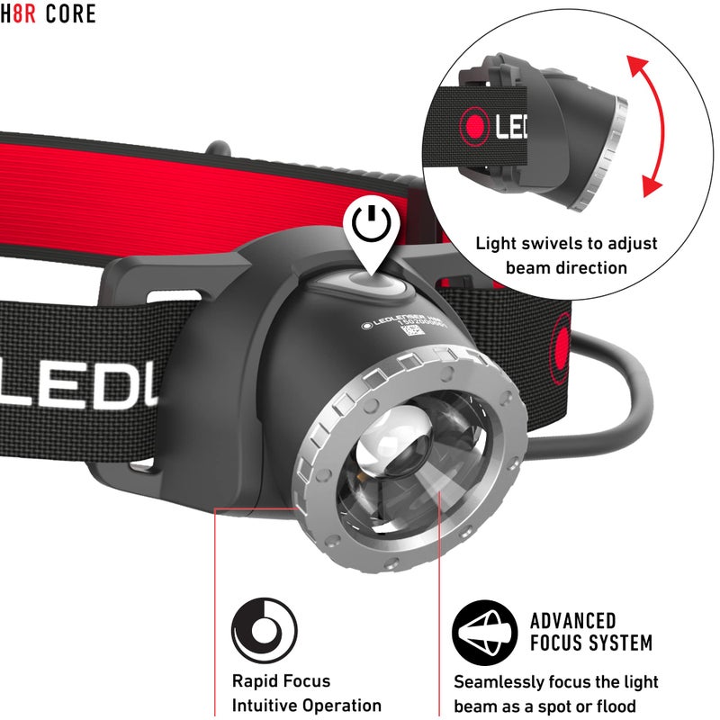 LEDLENSER لمبة رأس قابلة لإعادة الشحن متعددة الاستخدامات Ledlenser H8R خفيفة الوزن، LED عالي القوة، 600 لومن، ضوء بدون استخدام اليدين للاستخدام اليومي، العمل، المنزل، الهواء الطلق، التخييم، أسود - Image 3